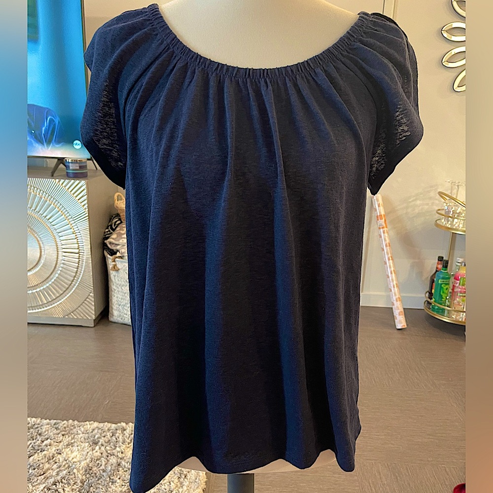 LOFT navy blue top with ruffled sleeves Womens M